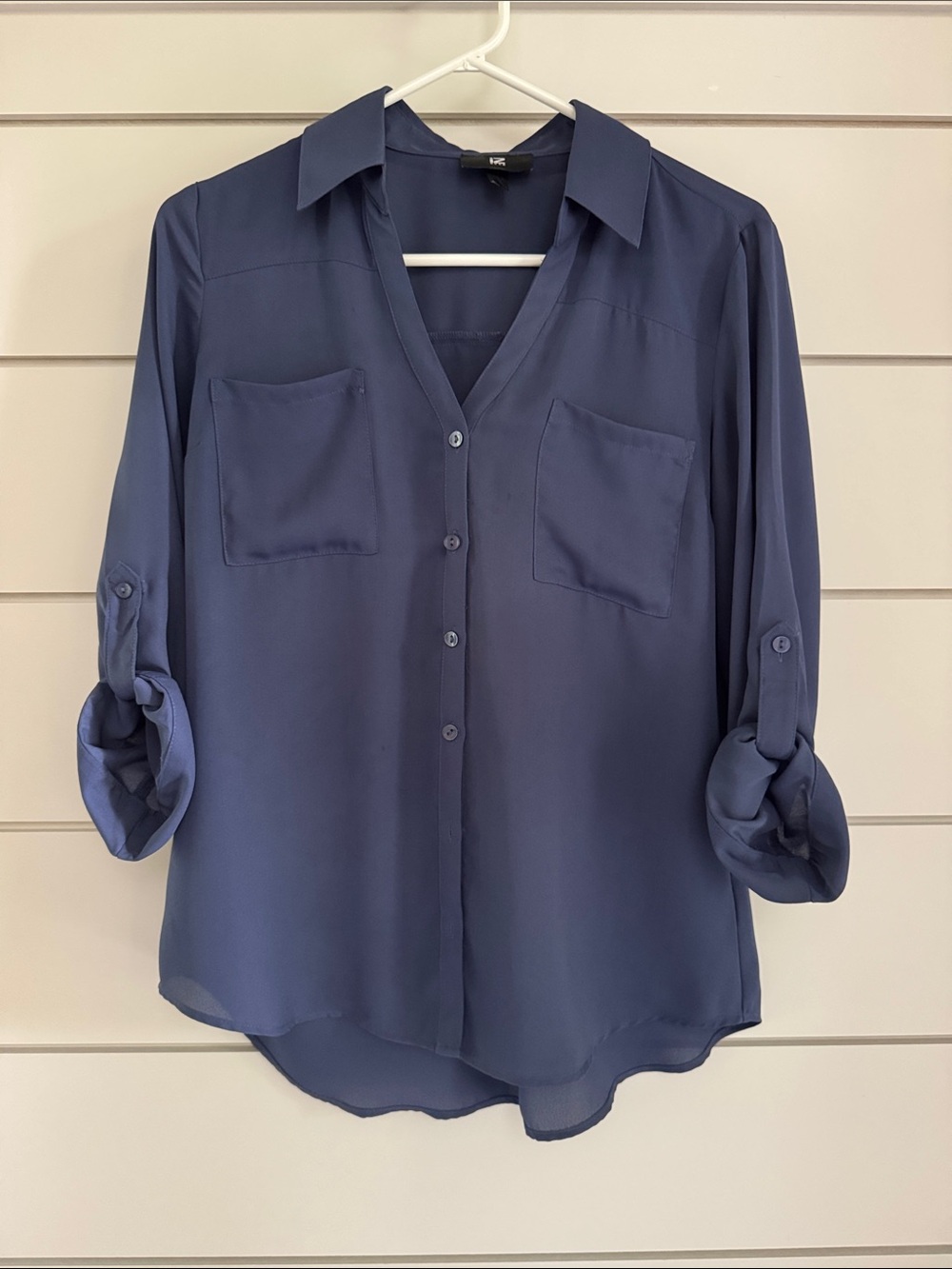 Lightweight Navy Button-Front Blouse with Roll-Tab Sleeves